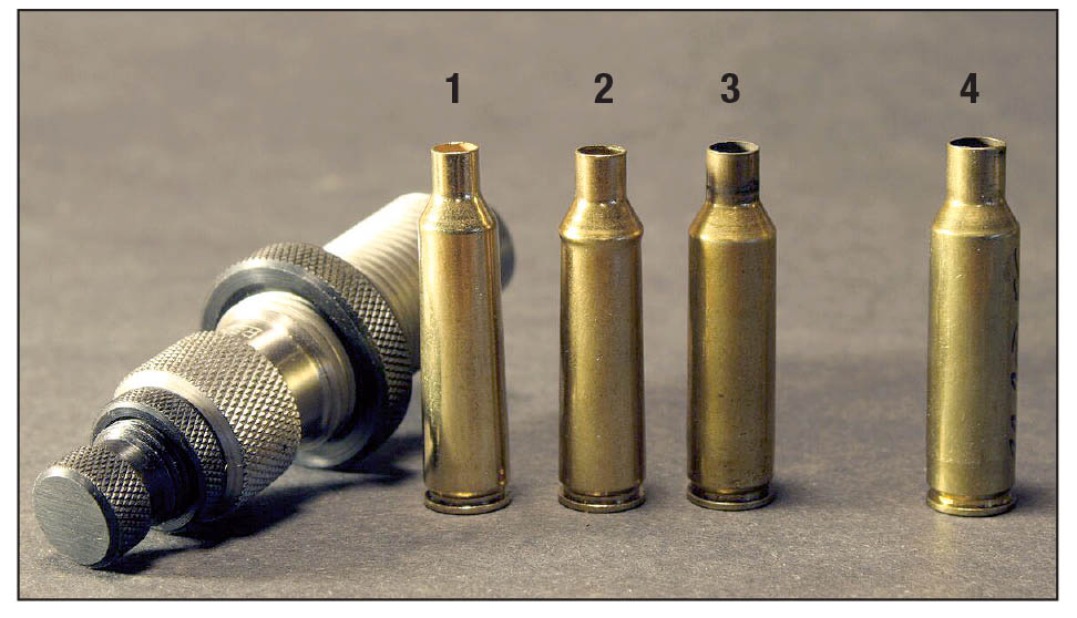 The 6XC was originally formed on (1) .22-250 Remington brass by (2) necking it up and pushing the shoulder back and then (3) fireforming. This results in slightly less case capacity than the (4) 6.5 Creedmoor provides.